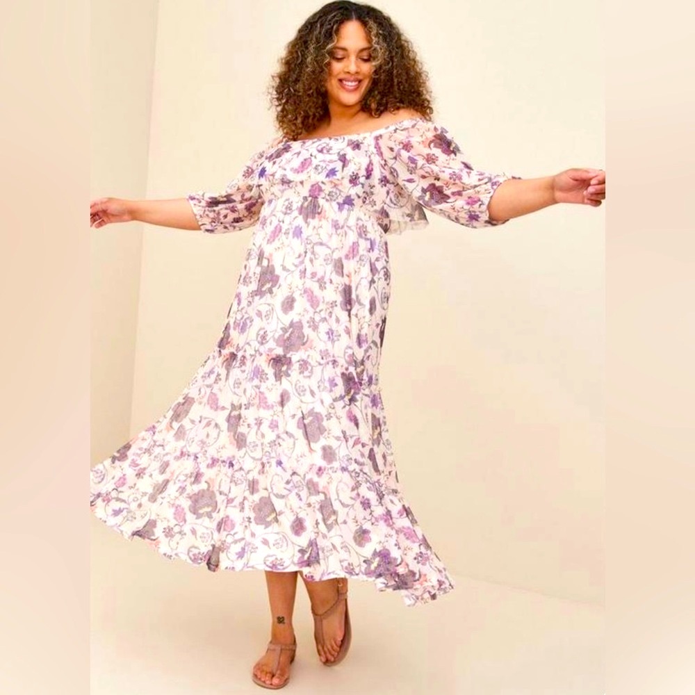 Torrid Sz. 2 (2X/18-20) Off Shoulder Puff Sleeve Tiered Maxi Dress - Mesh Floral
